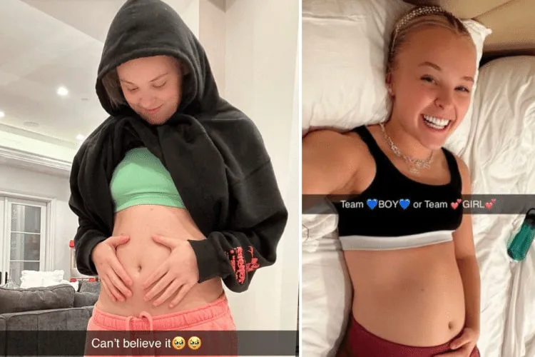 Jojo Siwa touching her belly with caption Can't believe It sparking rumors among fans regarding her pregnancy and in the right image Jojo is showing her belly with caption team boy or team girl sparking speculations again.